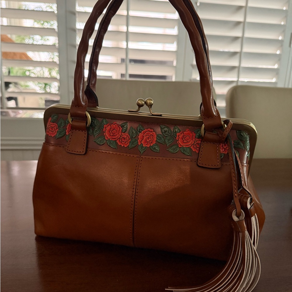 Red and Brown Leather Satchel with Floral Band